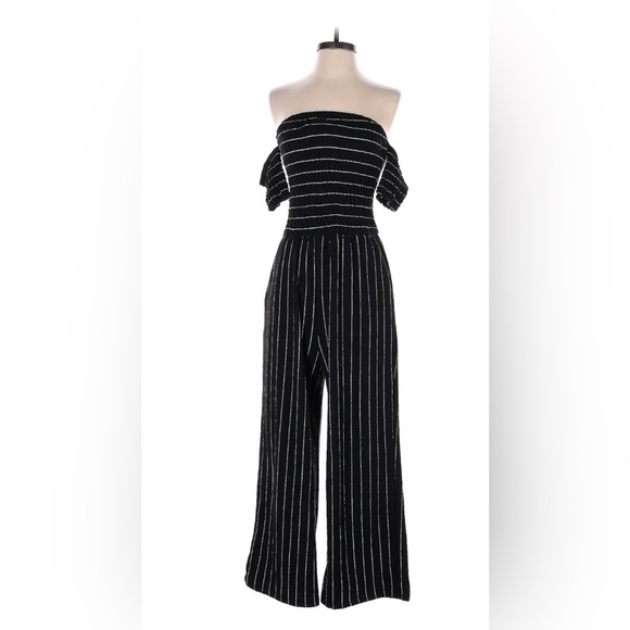 Alter’d state black and white striped wide leg off the shoulder romper - Picture 1 of 5